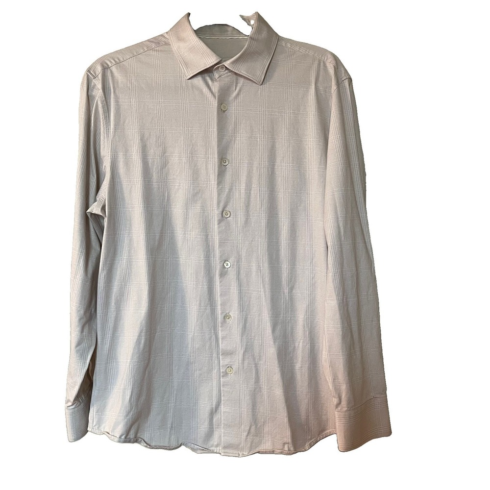 Bugatchi 8 Way Stretch Men's Blue White L Button Down Shirt Almond Ivory Casual